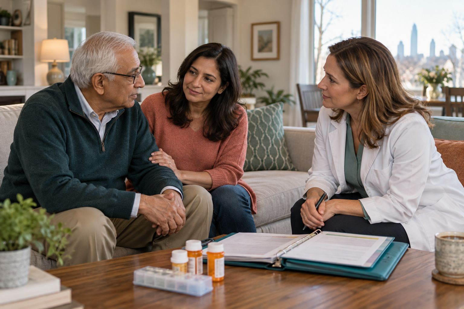 Pharmacist meeting with an older patient and his adult daughter at home