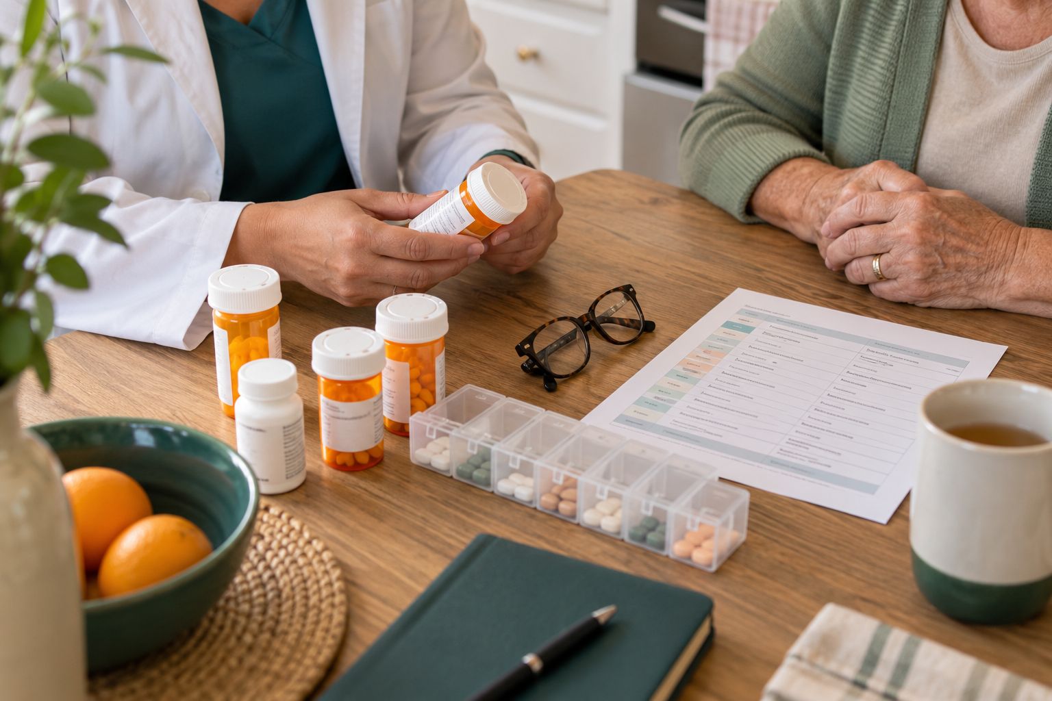 Pharmacist organizing medication bottles, a pill box and a medication list